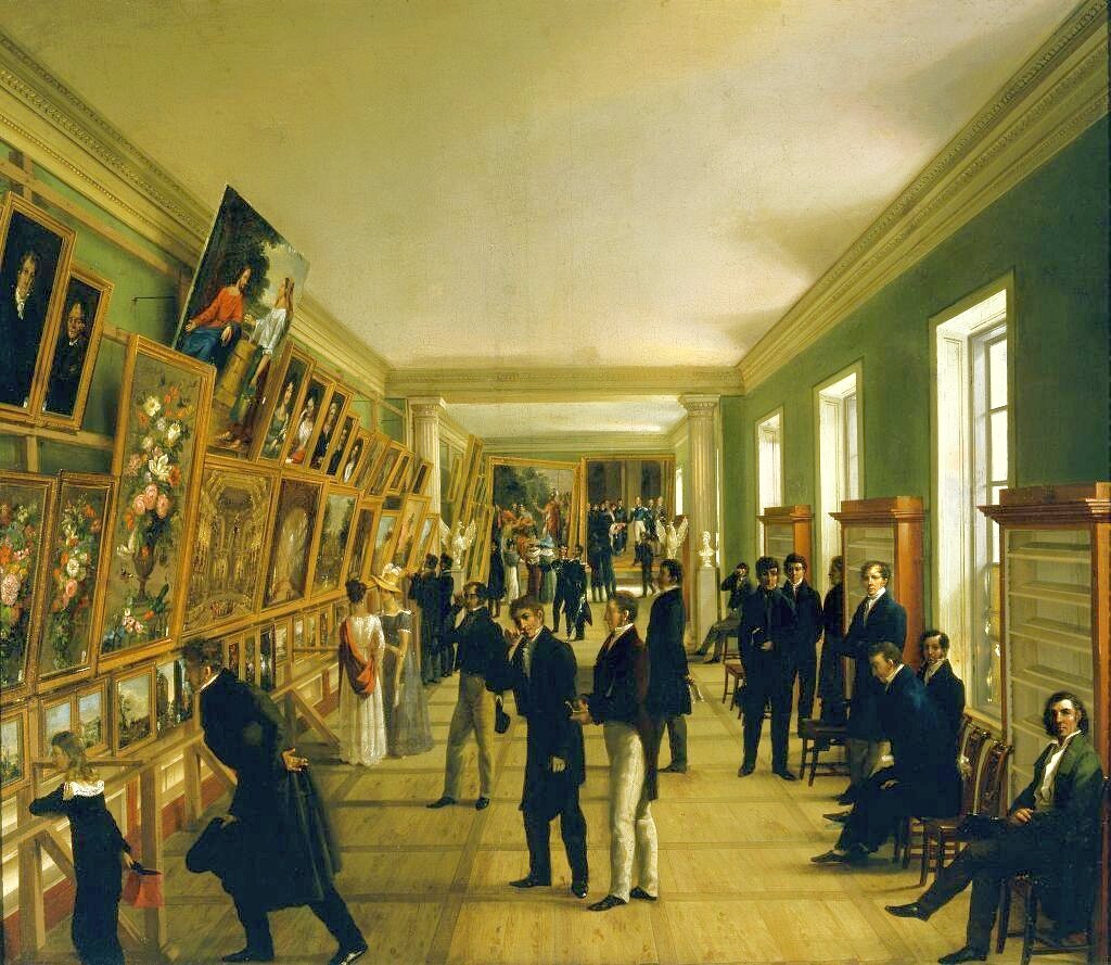 Wystawa Sztuk Pięknych w Warszawie w 1828 roku Źródło: Wincenty Kasprzycki, Wystawa Sztuk Pięknych w Warszawie w 1828 roku, 1828, olej na płótnie, Muzeum Narodowe w Warszawie, domena publiczna.