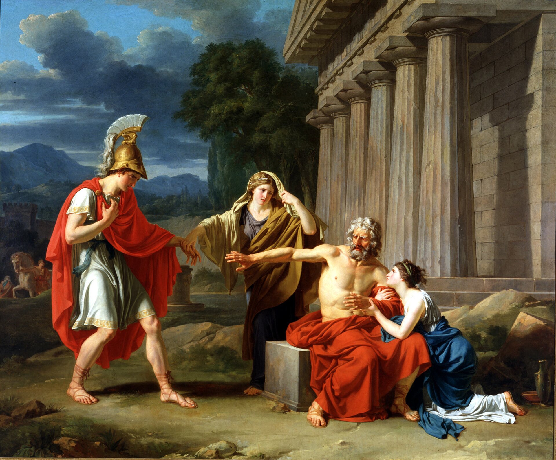 Edyp w Kolonie Francuski malarz Jean Giroust zatytułował swoje dzieło Edyp w Kolonie (1788). Taki sam tytuł nosi ostatnia tragedia Sofoklesa, wystawiona już po jego śmierci. Grecki twórca umieścił akcję w swej rodzinnej Kolonie (wiosce niedaleko Aten). Właśnie tam, zgodnie z tradycją, zmarł Edyp. Źródło: Jean-Antoine-Théodore Giroust, Edyp w Kolonie, 1788, Dallas Museum of Art, domena publiczna.