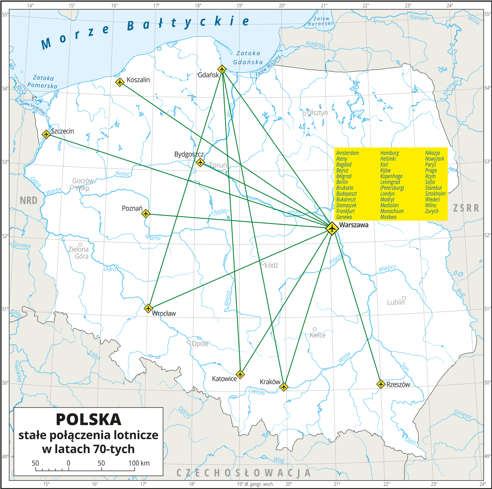 Ilustracja przedstawia mapę Polski. Na mapie zielonymi liniami przedstawiono stałe połączenia lotnicze w latach siedemdziesiątych. Miasta oznaczono sygnaturą samolotu. Zielone linie łączą Warszawę ze Szczecinem, Gdańskiem, Koszalinem, Poznaniem, Bydgoszczą, Wrocławiem, Katowicami, Krakowem i Rzeszowem oraz Gdańsk z Wrocławiem, Katowicami i Krakowem. Obok Warszawy zapisano nazwy czterdziestu miast na świecie, do których realizowane były połączenia lotnicze. Na mapie zapisano nazwy państw sąsiadujących z Polską w latach siedemdziesiątych – NRD, Czechosłowacja, ZSRR. Mapa pokryta jest równoleżnikami i południkami. Dookoła mapy w białej ramce opisano współrzędne geograficzne co jeden stopień.