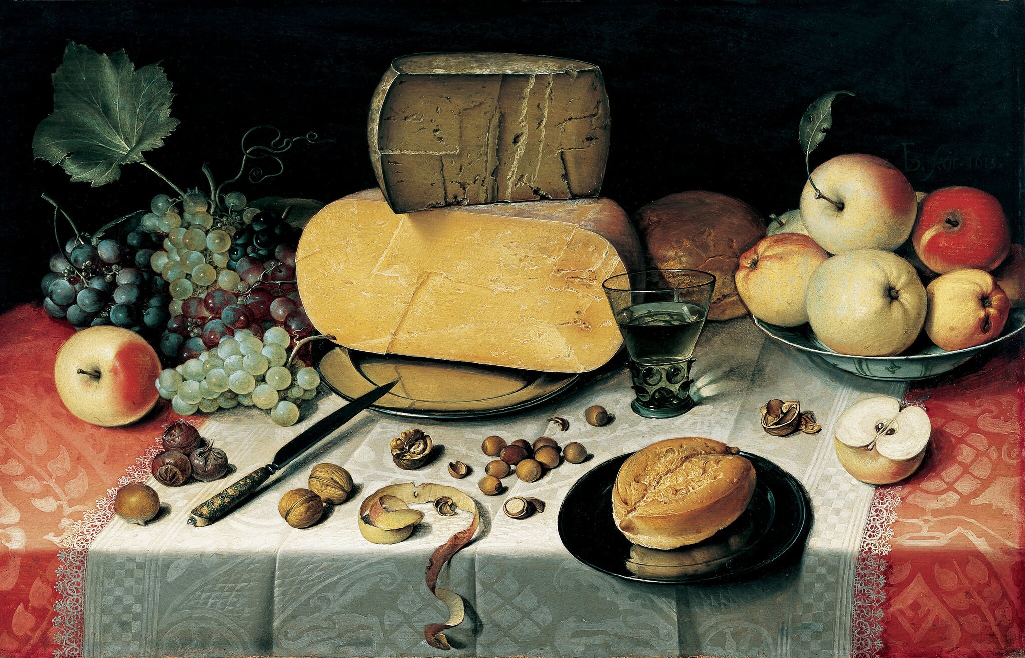 Martwa natura z owocami, orzechami i serem Źródło: Floris van Dyck, Martwa natura z owocami, orzechami i serem, 1613, olej na płótnie, Frans Hals Museum, Holandia, domena publiczna.