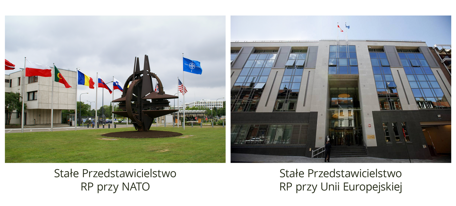 Ilustracja 2 składa się z 2 zdjęć ułożonych jedno obok drugiego. Zdjęcie po lewej to Stałe Przedstawicielstwo RP przy NATO. Na pierwszym planie zielony trawnik i metalowy pomnik. Po lewej stronie zdjęcia, w głębi zdjęcia, dwupiętrowy budynek stałego przedstawicielstwa RP przy NATO. Budynek o prostej prostokątnej bryle. Dach poziomy. Ściany jasne, szare. Wzdłuż chodnika, wokół budynku, flagi wciągnięte na masztach. Od lewej: flaga Polski, następnie inne kraje. Po prawej flagi NATO oraz USA. Zdjęcie po prawej przedstawia Stałe Przedstawicielstwo RP przy Unii Europejskiej. Zdjęcie od dołu. Budynek przedstawiony w perspektywie żabiej. Wysoka fasada budynku zbudowana jest ze szkła i betonu. Okna 10-piętrowego budynku są usytułowane jedno obok drugiego w pasach po 3 lub 2 okna obok siebie. Pomiędzy każdym ciągiem okien znajduje się pionowy betonowy mur. Na dachu budynku dwie flagi.