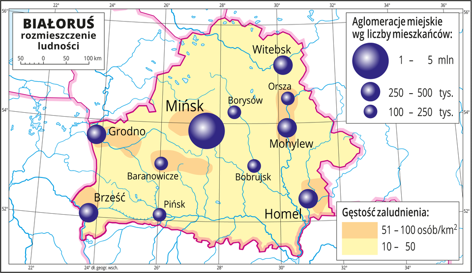 Ilustracja przedstawia mapę Białorusi. Na mapie przedstawiono rozmieszczenie ludności. Tło w kolorze żółtym oznacza gęstość zaludnienia od dziesięciu do pięćdziesięciu osób na jeden kilometr kwadratowy. W pobliżu miast pomarańczowe plamy oznaczające obszary o gęstości zaludnienia od pięćdziesięciu jeden do stu osób na jeden kilometr kwadratowy. Na mapie różnej wielkości sygnatury (koła) obrazujące aglomeracje miejskie wg liczby mieszkańców: Mińsk – od jednego miliona do pięciu milionów mieszkańców. Homel, Mohylew, Witebsk, Brześć, Grodno od dwustu pięćdziesięciu do pięciuset tysięcy mieszkańców. Kilka mniejszych sygnatur poniżej dwustu pięćdziesięciu tysięcy mieszkańców. Mapa zawiera południki i równoleżniki, dookoła mapy w białej ramce opisano współrzędne geograficzne co dwa stopnie.