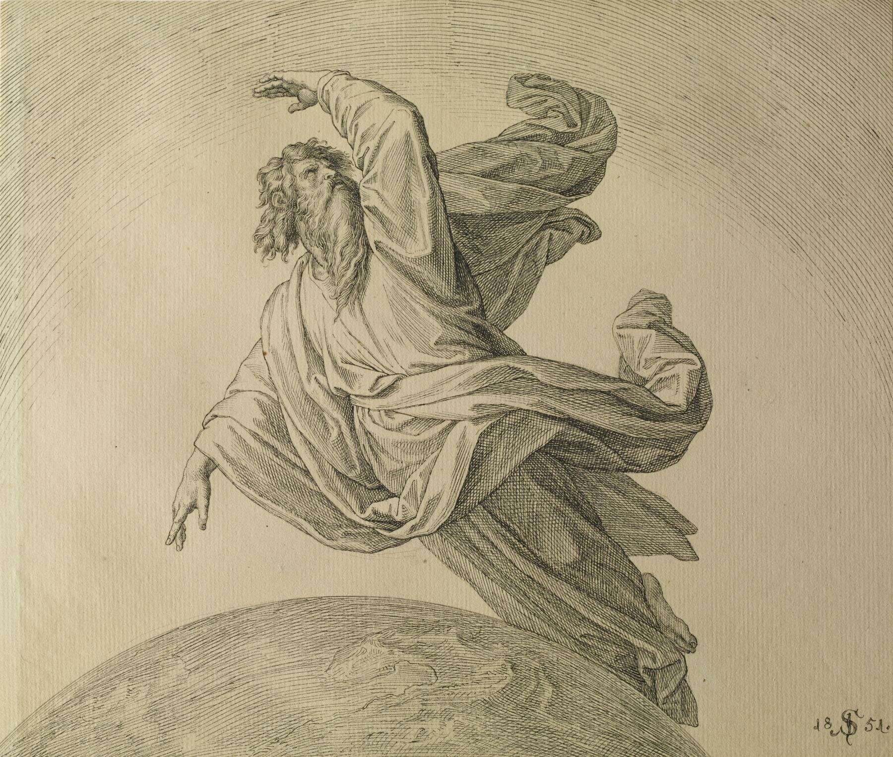 Bóg Ojciec tworzący świat Źródło: Carl Ferdinand Sohn, Bóg Ojciec tworzący świat, 1851, rysunek piórem i atrament na papierze, Walters Art Museum, USA, domena publiczna.
