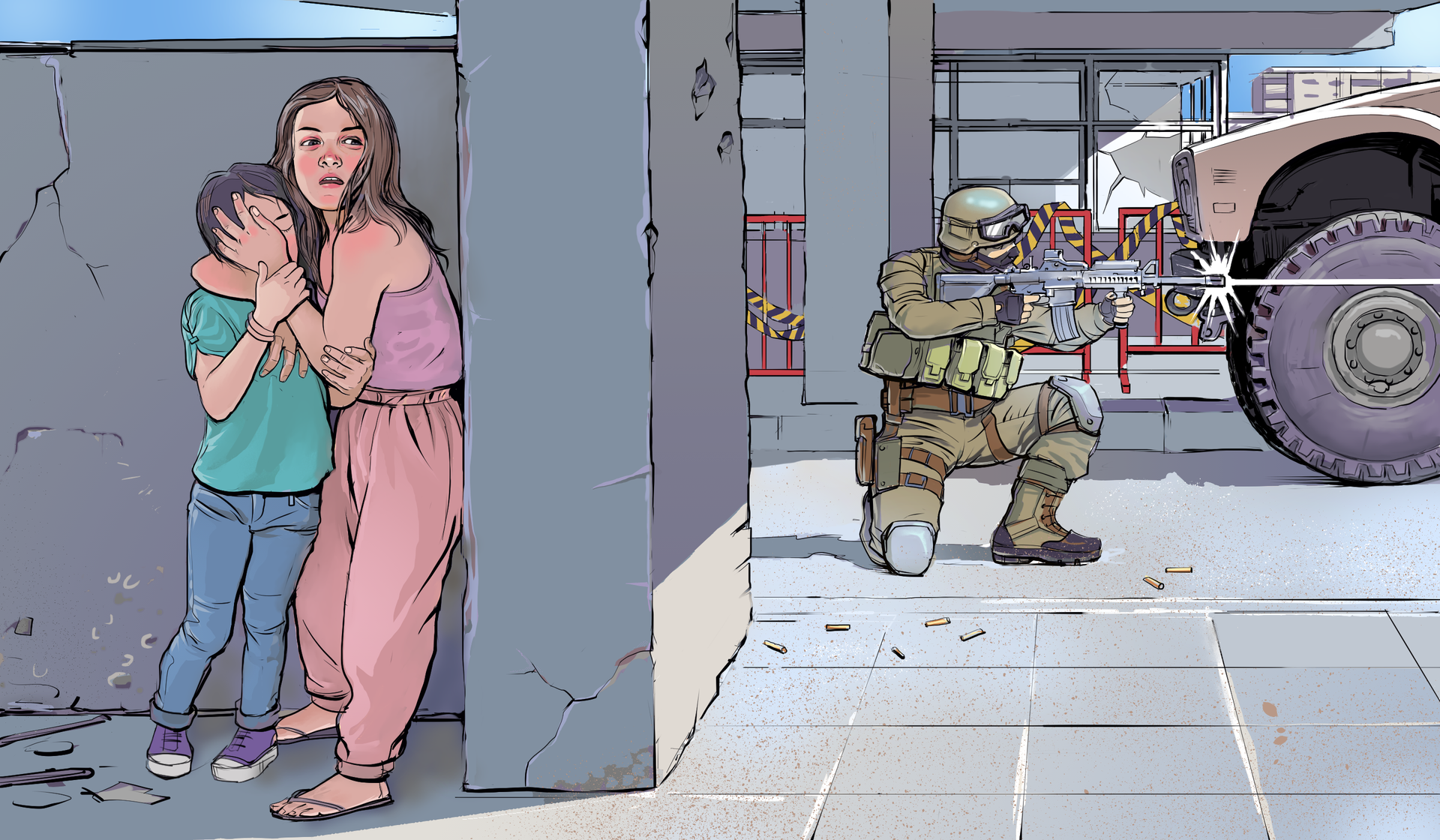 Kolorowa ilustracja przedstawia walki na ulicy. Po lewej stronie ściana budynku. Przy ścianie stoi dwoje dzieci. Dzieci chowają się. Dziewczynka w wieku około 8 lat. Obok, po lewej dziecko w wieku około 5 lat. Starsza i wyższa dziewczynka zakrywa lewą dłonią twarz dziecka. Po prawej, w głębi ilustracji, ulica. Na ulicy żołnierz klęczący na prawym kolanie trzyma karabin maszynowy i strzela w lewą stronę. Po lewej wóz bojowy. W głębi budynki.