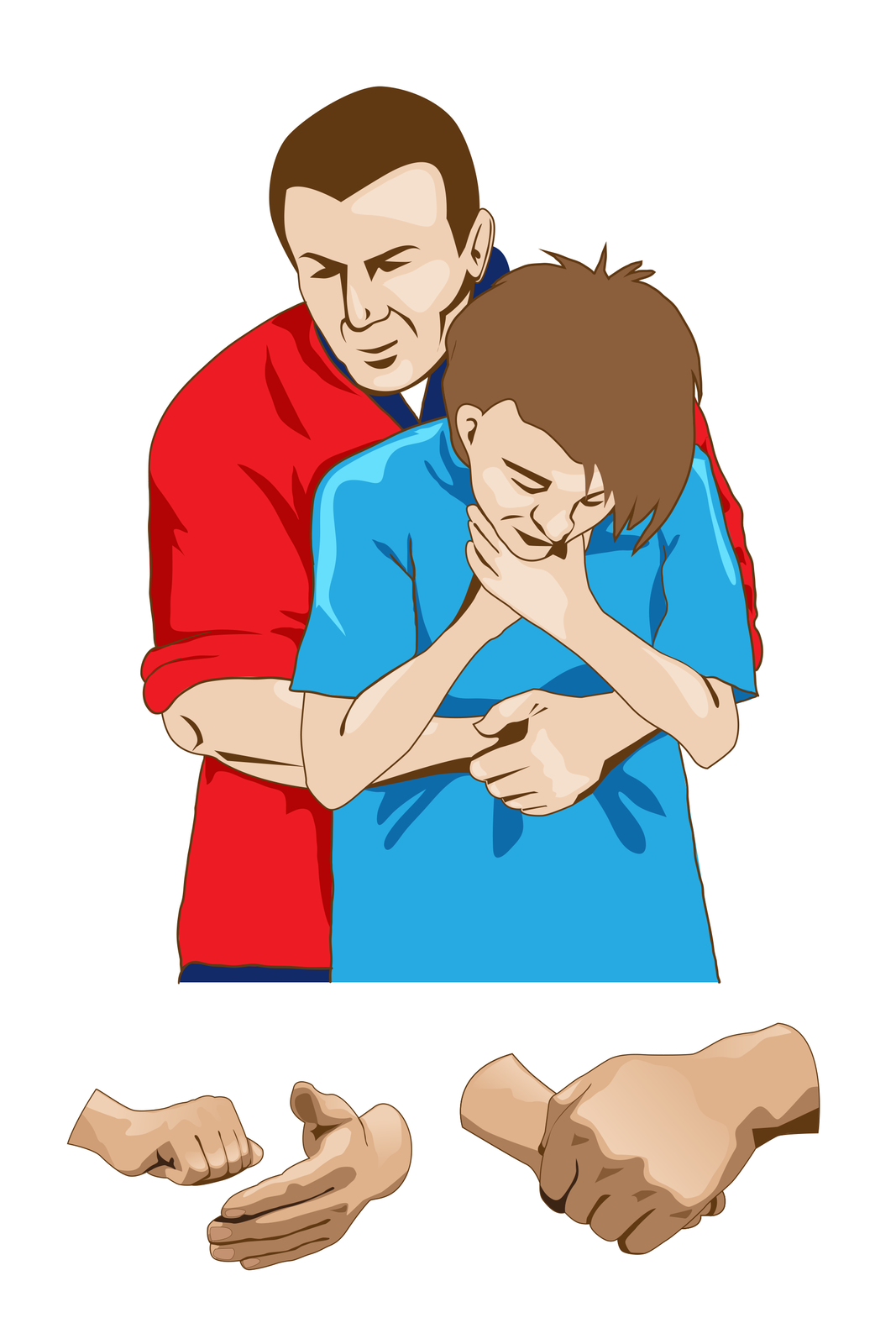 Ilustracja przedstawia dwie osoby. Na pierwszym planie nastolatek stoi przodem do obserwatora ilustracji. Głowa nastolatka pochylona do przodu. Obie dłonie nastolatka podpierają podbródek. Za chłopcem mężczyzna, ratownik. Ratownik obiema rękami obejmuje nastolatka powyżej pasa. Dłonie ratownika założone jedna na drugiej tworząc mocny ucisk. Poniżej dwie małe ilustracje. Zbliżenie na dłonie ratownika. Pierwsza ilustracja po lewej stronie. Na ilustracji, na lewo, prawa dłoń otwarta, skierowana wewnętrzną częścią w lewo. Naprzeciw otwartej dłoni, lewa dłoń zaciśnięta w pięść. Druga ilustracja po prawej stronie. Prawa dłoń ratownika obejmuje lewą dłoń. Dłonie tworzą mocny splot.
