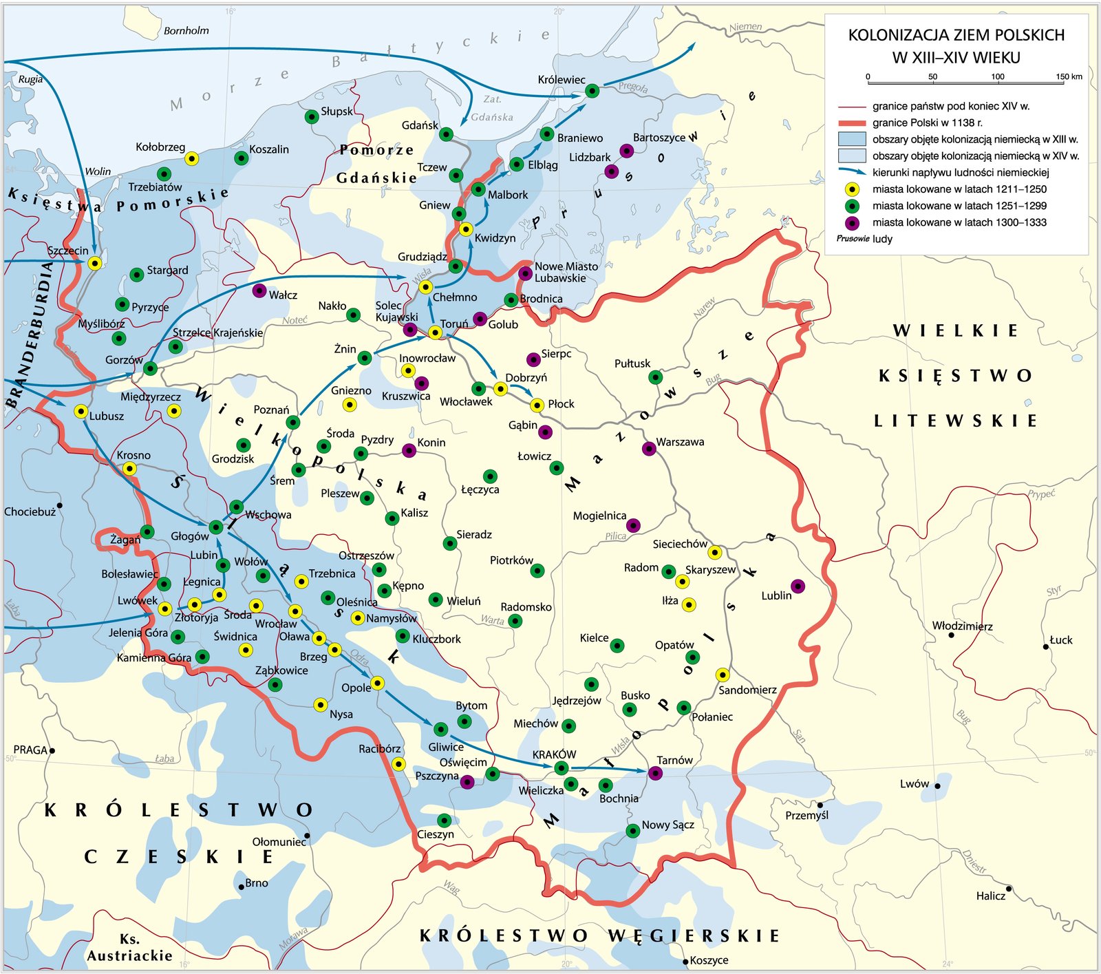 Kolonizacja ziem polskich w XIII–XIV wieku Źródło: Krystian Chariza i zespół, Kolonizacja ziem polskich w XIII–XIV wieku, licencja: CC BY 3.0.