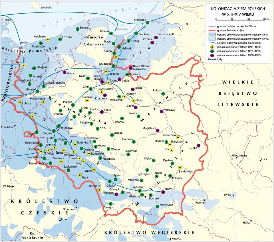 Kolonizacja ziem polskich w XIII–XIV wieku Źródło: Krystian Chariza i zespół, Kolonizacja ziem polskich w XIII–XIV wieku, licencja: CC BY 3.0.
