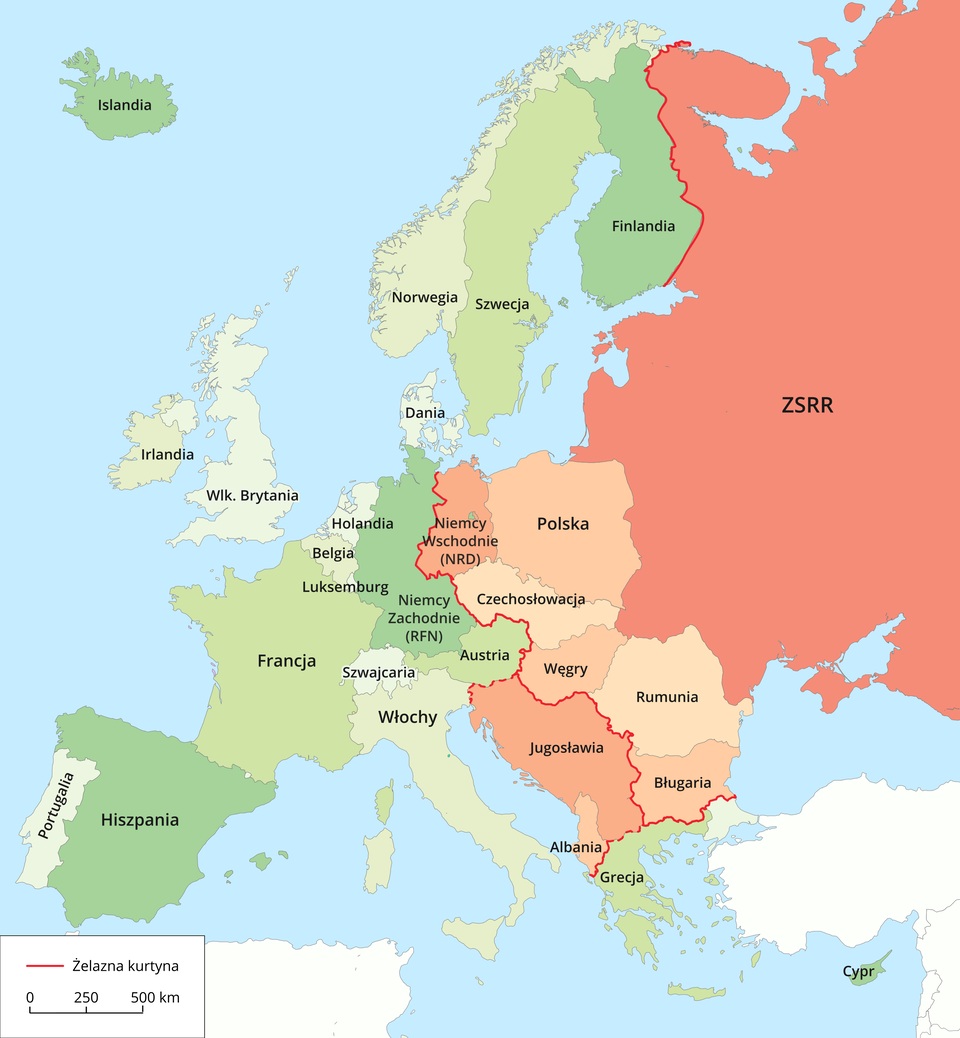 Na mapie kolorem zielonym zaznaczono państwa po zachodniej stronie żelaznej kurtyny. Linia przechodzi od Szczecina nad Bałtykiem do Triestu nad Adriatykiem. Kolorem czerwonym zaznaczono państwa po wschodniej stronie żelaznej kurtyny.