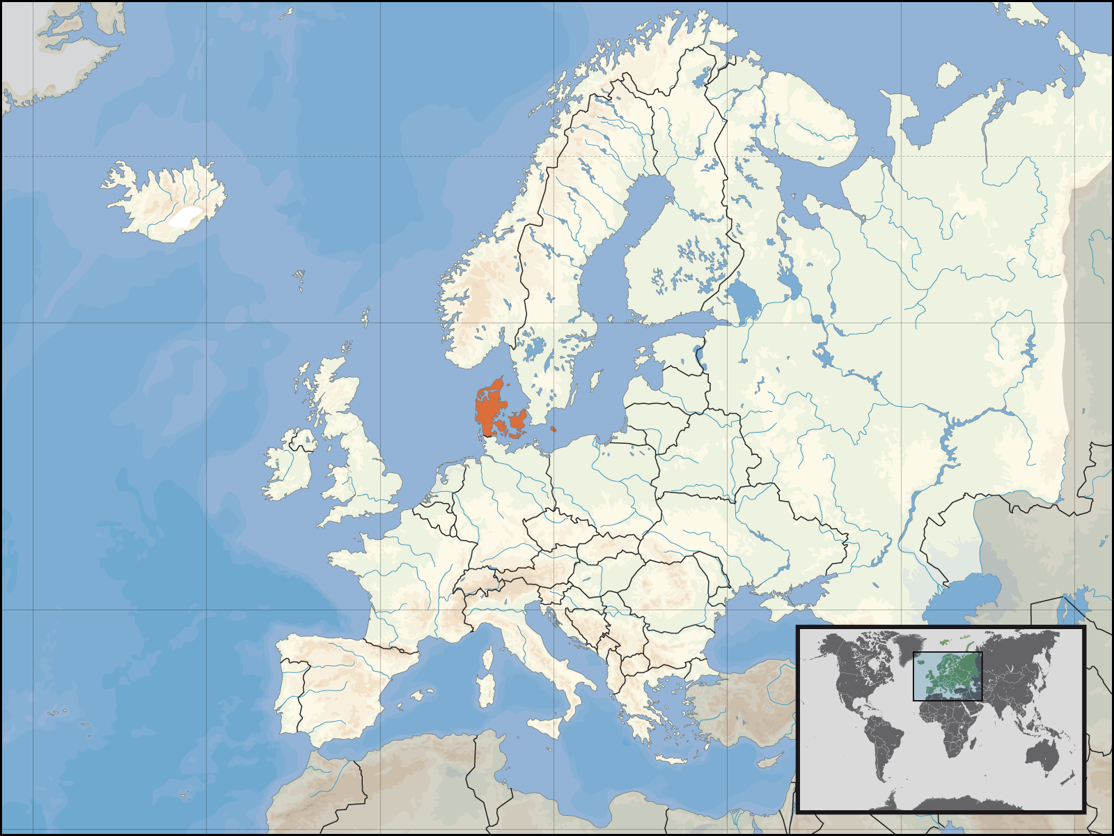 Mapa Europy z zaznaczoną Danią Mapa Europy z zaznaczoną Danią Źródło: David Liuzzo, domena publiczna.