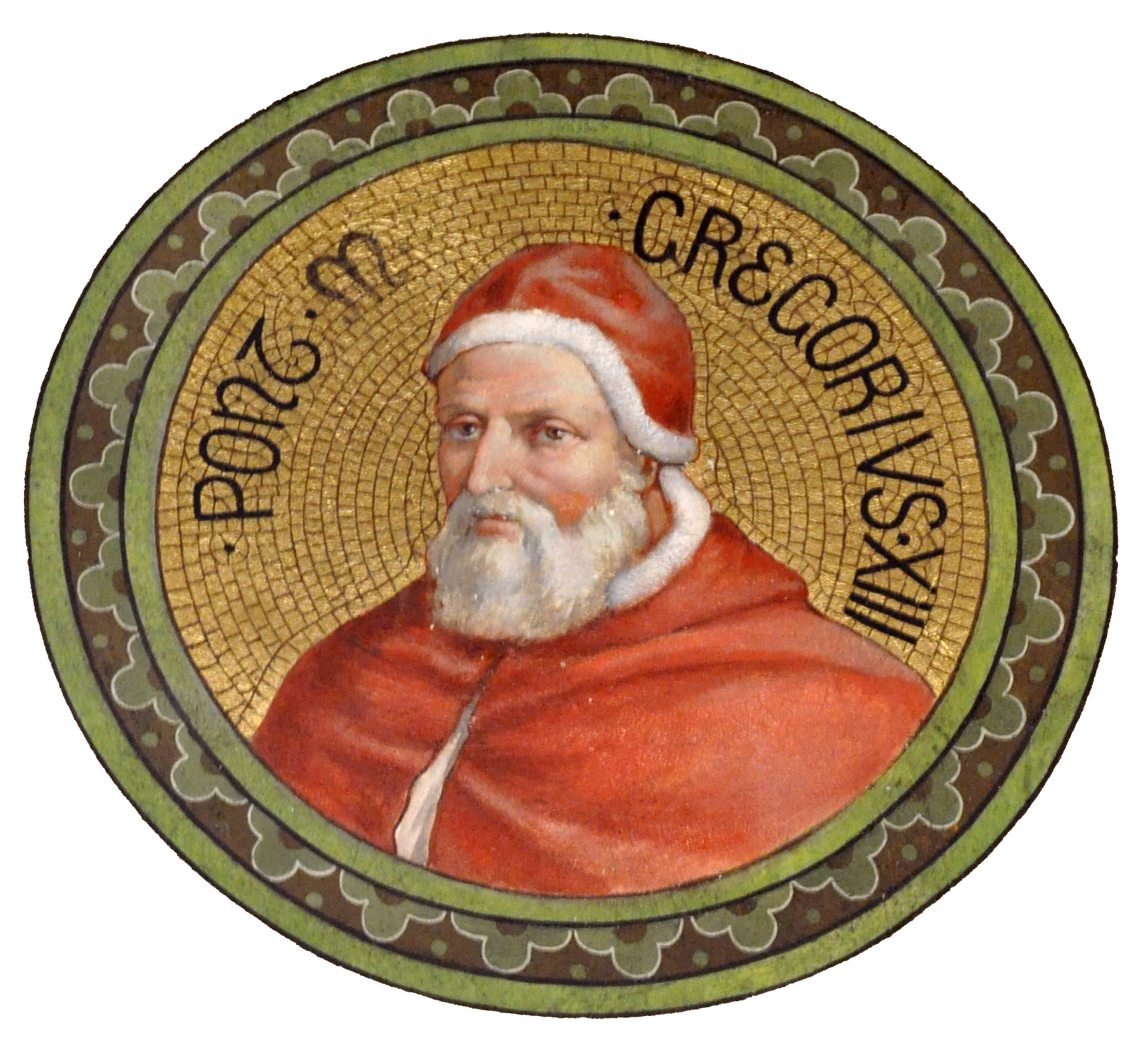 Ilustracja przedstawia portret papieża Grzegorza trzynastego. Portret w kształcie koła. Głowa i tors skierowane w lewo. Twarz pokryta zmarszczkami. Nos duży, ostro zakończony. Wąsy i broda szarobiałe. Broda zakrywa szyję i łączy się z bokobrodami. Papież ubrany w tradycyjny czerwony strój. Czerwona czapka obszyta paskiem z białego futra. Czapka zasłania włosy nad czołem oraz uszy. Ramiona zakryte czerwoną peleryną. Kaptur peleryny obszyty wąskim paskiem białego futra. Tło portretu złote, w formie drobnej mozaiki. Krawędź portretu otacza szeroki pas w kolorze zielonym z czarną obwódką.