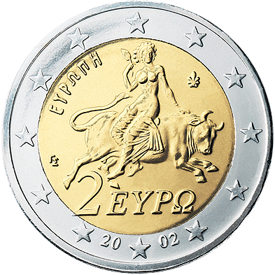 Grecki rewers 2 euro Źródło: Grecki rewers 2 euro, 2002, domena publiczna.