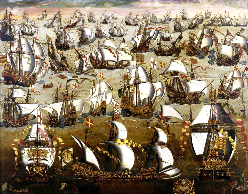 Statki angielskie i hiszpańskie podczas starć związanych z wyprawą wielkiej armady w 1588 r. Statki angielskie i hiszpańskie podczas starć związanych z wyprawą wielkiej armady w 1588 r. Źródło: XVI w., domena publiczna.