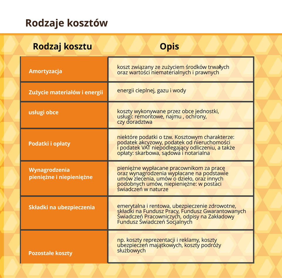Ilustracja przedstawia rodzaje kosztów.