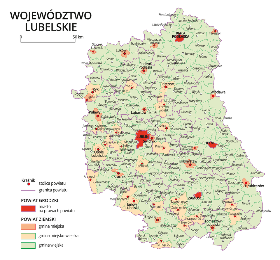 Mapa województwa lubelskiego. Na mapie fioletowymi liniami zaznaczono granice powiatów ziemskich, dużymi czerwonymi kropkami zaznaczono miasta będące stolicami powiatów. W obrębie powiatów ziemskich kolorami wyróżniono gminy miejskie, miejsko-wiejskie i wiejskie. Czerwonym kolorem wyróżniono powiaty grodzkie z miastami na prawach powiatu, miasta te opisano dużymi literami. Kolory i znaki użyte na mapie opisano w legendzie. W legendzie podziałka liniowa.