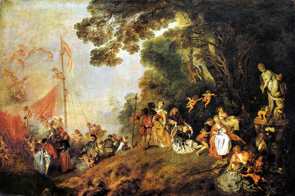 Odjazd na Cyterę Obraz Jeana Antoine’a Watteau pt. „Odjazd na Cyterę” przedstawia częsty w okresie rokoka motyw zabawy i idyllicznej atmosfery wśród społeczności dworskiej. Prezentowany obraz znajduje się w Pałacu w Charlottenbourgu w Berlinie, ale inne dzieła tego autora pod identycznym tytułem, różniące się jedynie szczegółami, znajdują się obecnie w Luwrze oraz w rezydencji Städel we Frankfurcie n/Menem. Źródło: Antoine Watteau, Odjazd na Cyterę, 1720, olej na płótnie, domena publiczna.
