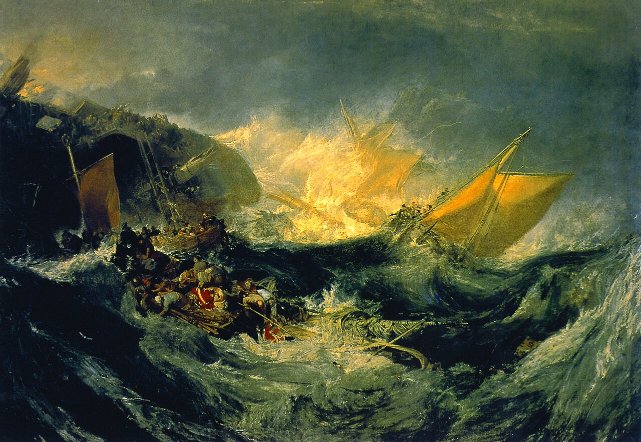 Wrak Minotaura Źródło: William Turner, Wrak Minotaura, 1810, olej na płótnie, Museu Calouste Gulbenkian, Lizbona, domena publiczna.