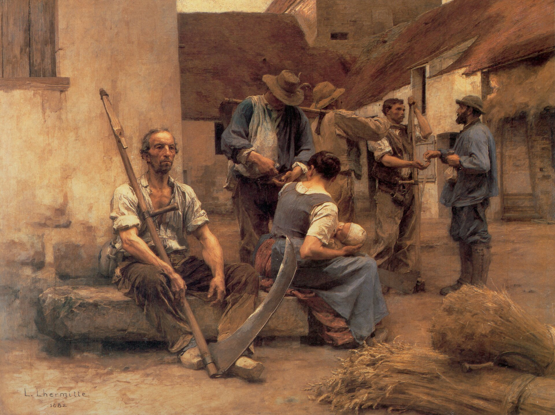 Wypłata żniwiarzy Źródło: Léon Lhermitte (1844–1925; czyt.: leon lermit; francuski malarz), Wypłata żniwiarzy, 1882, olej na płótnie, Musée d'Orsay, Paryż, domena publiczna.