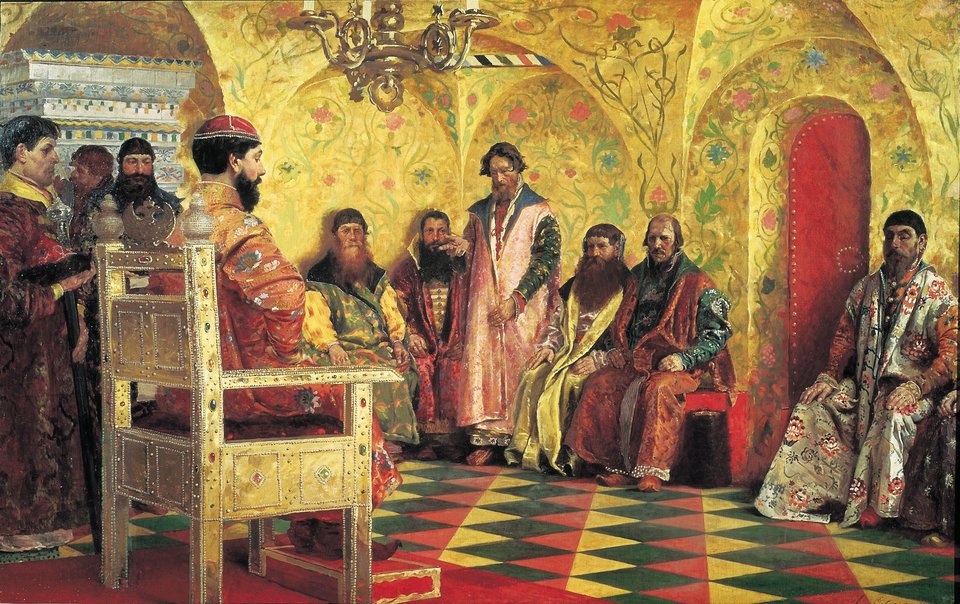 Posiedzenie Dumy Bojarskiej w czasach Michała Romanowa, cara w latach 1613-1645. Obraz rosyjskiego malarza Andrieja Riabuszkina (1861-1904), obecnie w Galerii Trietiakowskiej w Moskwie. Malarz ten specjalizował się w malarstwie historycznym, obejmującym głównie tematy siedemnastowieczne. Posiedzenie Dumy Bojarskiej w czasach Michała Romanowa, cara w latach 1613-1645. Obraz rosyjskiego malarza Andrieja Riabuszkina (1861-1904), obecnie w Galerii Trietiakowskiej w Moskwie. Malarz ten specjalizował się w malarstwie historycznym, obejmującym głównie tematy siedemnastowieczne. Źródło: Andrei Ryabushkin, 1893, olej na płótnie, Tretyakov Gallery, Moscow, domena publiczna.