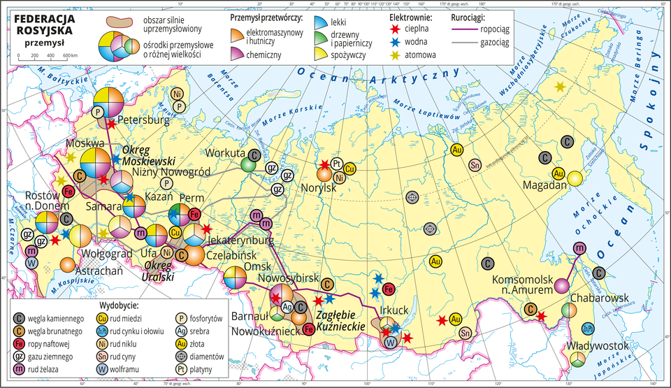 Ilustracja przedstawia mapę gospodarczą Federacji Rosyjskiej. Na mapie sygnatury kołowe – ośrodki przemysłowe. Duże: Czelabińsk, Wołgograd, Rostów nad Donem, Samara, Jekaterynburg, Kazań, Perm, Petersburg, Moskwa, kilkanaście mniejszych. Przemysł elektromaszynowy i hutniczy, chemiczny, lekki drzewny i papierniczy oraz spożywczy. Kilka elektrowni cieplnych, wodnych i atomowych oznaczonych kolorowymi gwiazdkami, ropociągi i gazociągi oznaczone liniami. Sygnaturami oznaczone wydobycie węgla kamiennego, węgla brunatnego, ropy naftowej, gazu ziemnego, rud żelaza, rud miedzi, rud cynku i ołowiu, rud niklu, rud cyny, wolframu, fosforytów, srebra, złota, diamentów i platyny. Większość przemysłu i wydobycia skupiona w zachodniej części kraju. Mapa zawiera południki i równoleżniki, dookoła mapy w białej ramce opisano współrzędne geograficzne co dziesięć stopni.