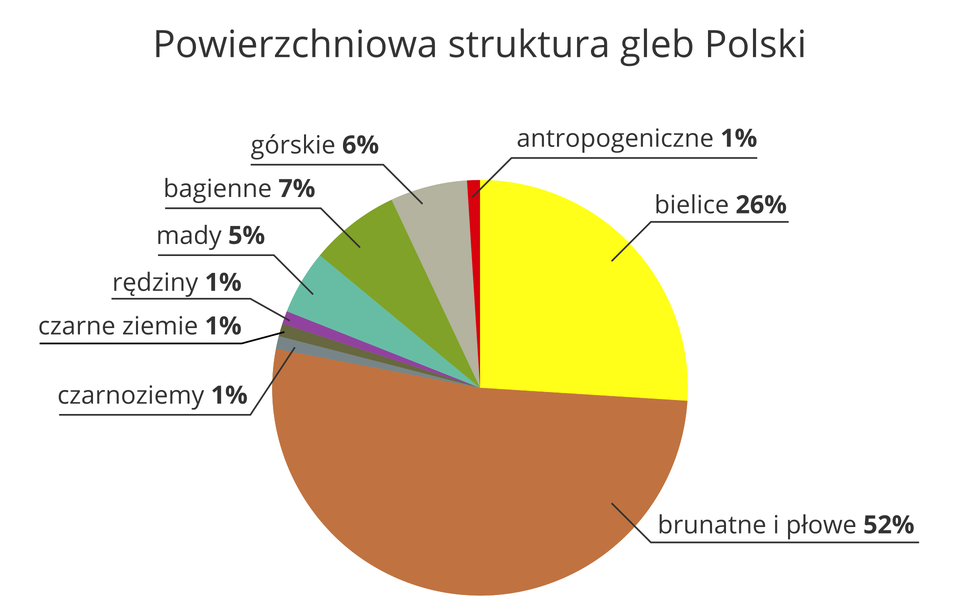 Na ilustracji diagram kołowy, powierzchniowa struktura gleb Polski. <table><tr><td>Bielice</td><td>26,00%</td></tr><tr><td>Brunatne i płowe</td><td>52,00%</td></tr><tr><td>Czarnoziemy</td><td>1,00%</td></tr><tr><td>Czarne ziemie</td><td>1,00%</td></tr><tr><td>Rędziny</td><td>1,00%</td></tr><tr><td>Mady</td><td>5,00%</td></tr><tr><td>Bagienne</td><td>7,00%</td></tr><tr><td>Górskie</td><td>6,00%</td></tr><tr><td>Antropogeniczne</td><td>1,00%</td></tr></table>