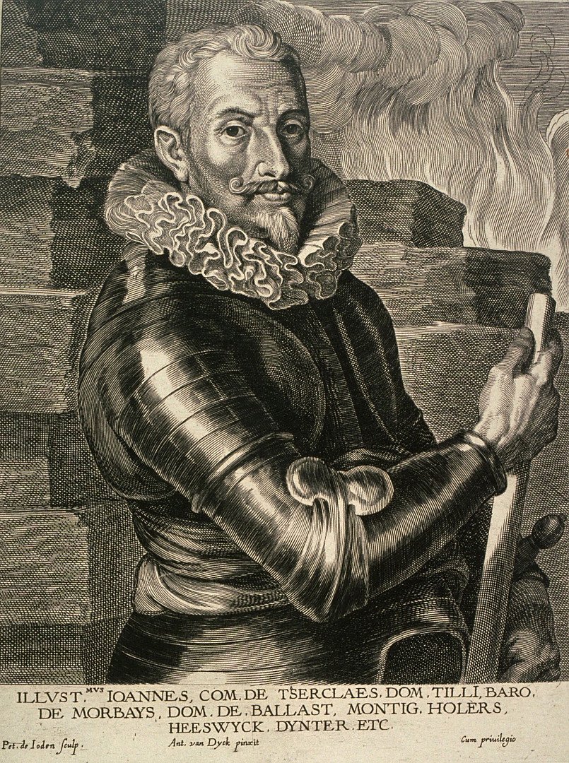 Portret Johanna t'Serclaes von Tilly Johan von Tilly, generał w służbie bawarskiej, a następnie habsburskiej. Po wybuchu wojny trzydziestoletniej dowodził wojskami Ligi Katolickiej, które wraz z armią cesarską rozgromiły siły protestanckie w bitwie pod Białą Górą w roku 1620. Źródło: Pieter de Jode II, Portret Johanna t'Serclaes von Tilly, 1630, sztych, Muzeum Sztuk Pięknych w San Francisco, domena publiczna.