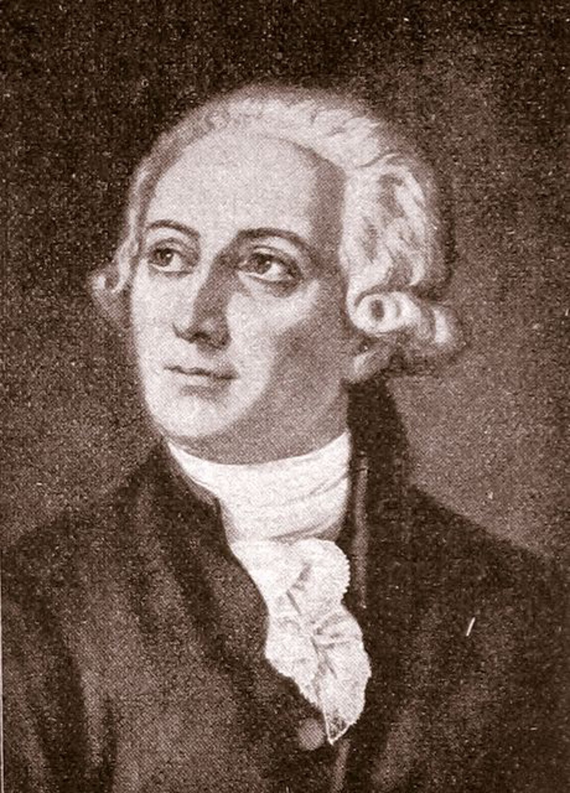 Monochromatyczny portret w odcieniach sepii przedstawiający francuskiego chemika Antoine'a Lavoisiera.