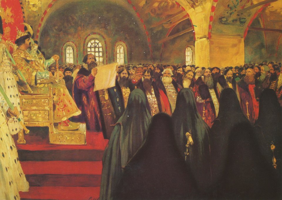 Sobór ziemski Obraz pt. „Sobór ziemski” (1908) malarza rosyjskiego Siergieja Iwanowa (1864-1910). Obraz z cyklu ilustrującego dzieje Rosji. Źródło: Sergey Vasilyevich Ivanov, Sobór ziemski, 1908, domena publiczna.