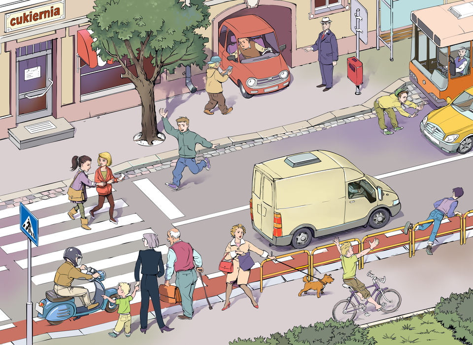 Ilustracja przedstawia za pomocą jednego rysunku różne sytuacje możliwe do wystąpienia na ruchliwej ulicy. Od lewej strony ilustracji do prawej rozciąga się ukośnie i w rzucie z góry dwukierunkowa ulica. Po lewej stronie przejście dla pieszych. Na przejściu dwie uczennice oglądają telefon komórkowy, a przed przejściem dla pieszych po ulicy drogę na ukos przebiega młody chłopak. Na przejście wjeżdża człowiek na skuterze. Na chodniku przy przejściu stoi starszy mężczyzna podpierający się o laskę, kobieta z małym dzieckiem oraz kobieta z psem na smyczy. Wzdłuż chodnika jedzie bez trzymanki rowerzysta z rękami uniesionymi w górze. Dalej wzdłuż chodnika znajdują się żółte metalowe barierki odgradzające chodnik od ulicy. Młody chłopak po prawej stronie sceny wspina się na jedną z barierek. Po przeciwnej stronie mężczyzna przechodzi na drugą stronę jezdni w miejscu niedozwolonym. Mija autobus stojący w zatoczce tylko po to, aby niemal wpaść pod jadący samochód. Z bramy budynku wyjeżdża samochód osobowy. Kierowca patrzy w kierunku przechodnia piszącego sms i nie zwraca uwagi na pozostałych użytkowników chodnika.