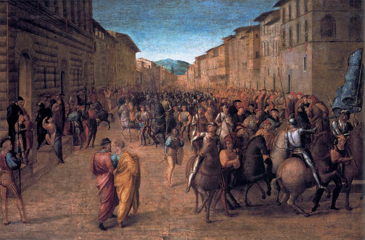Wjazd Karola VIII do Florencji w 1494 r. Karol VIII, powołując się na swoje związki z Andegawenami, którzy zasiadali na tronie Królestwa Neapolu i byli tytularnymi królami jerozolimskimi, chciał zdobyć nie tylko południowowłoskie posiadłości, ale też stanąć na czele nowej wyprawy krzyżowej. W drodze do Neapolu w 1494 r. jego armia przejechała m.in. przez Florencję i Rzym. Prezentowany obraz pokazuje wjazd króla Francji do sprzymierzonej Florencji, namalowany został przez Francesco Granacci (1469-1543) i obecnie przechowywany jest w Galerii Uffizi we Florencji. Źródło: Francesco Granacci, Wjazd Karola VIII do Florencji w 1494 r., 1518, olej na drewnie, Galeria Uffizi, domena publiczna.