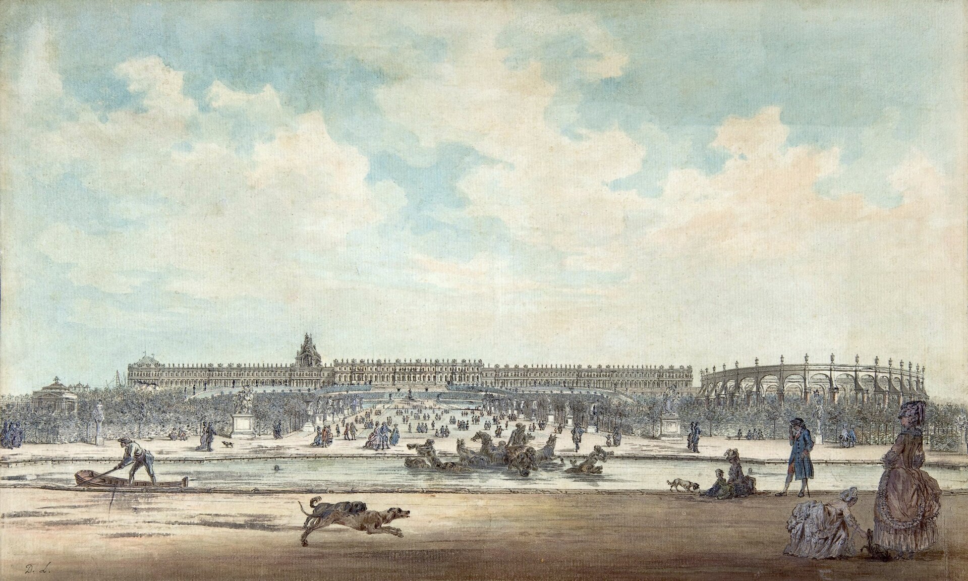 Pałac w Wersalu widziany od strony ogrodów Widok na pałac i ogród w Wersalu – siedzibę króla francuskiego Źródło: Louis-Nicolas de Lespinasse, Pałac w Wersalu widziany od strony ogrodów, 1779, tusz, pióro, akwarele, Metropolitan Museum of Art, domena publiczna.