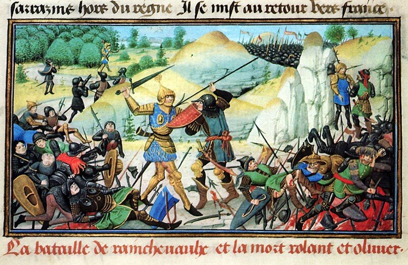 Bitwa w wąwozie Roncevaux, śmierć Rolanda i Oliviera Źródło: Loyset Liédet, Bitwa w wąwozie Roncevaux, śmierć Rolanda i Oliviera, 1461–1462, Bibliothèque de l'Arsenal, domena publiczna.
