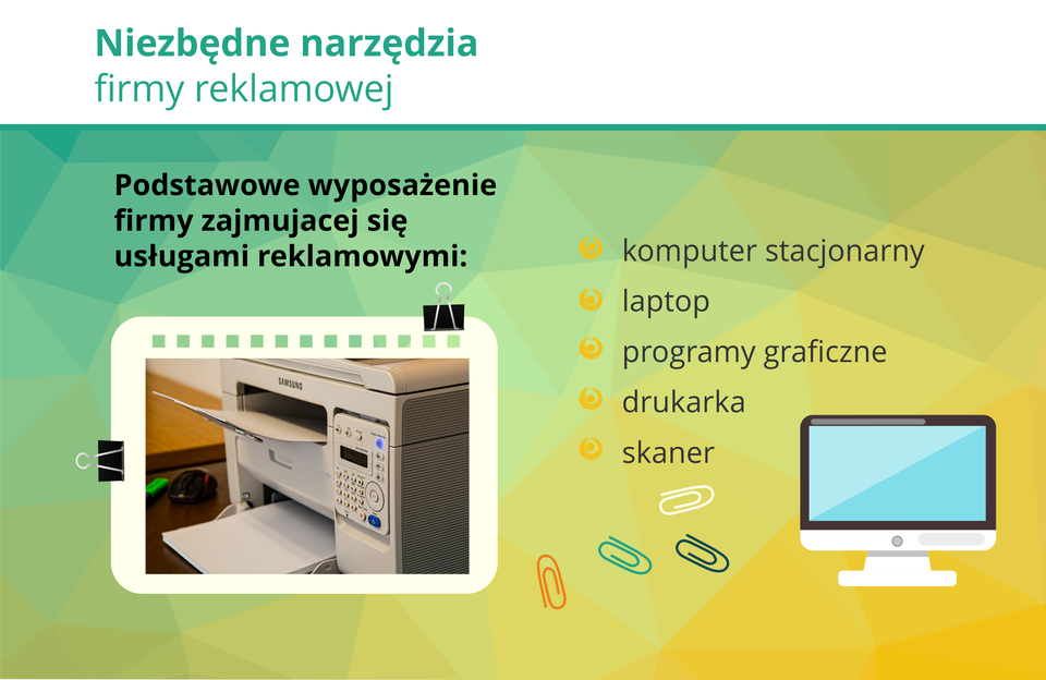 Grafika przedstawia elementy wyposażenia firmy reklamowej.