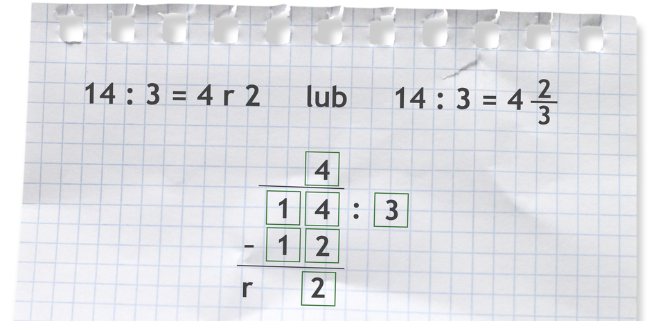"Przykłady: 14 dzielone przez 3 =4 r 2