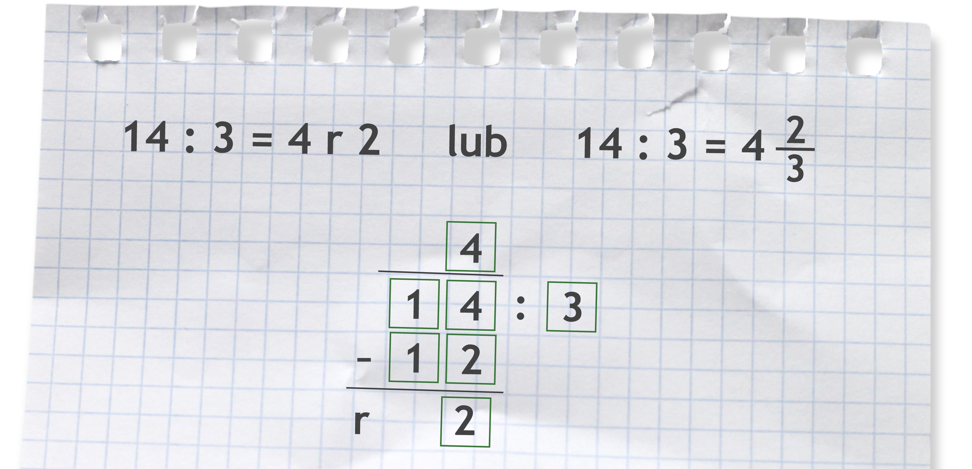 "Przykłady: 14 dzielone przez 3 =4 r 2