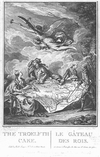 Kołacz królewski – alegoria rozbioru Polski Rysunek 1. Źródło: Noël Le Mire, Kołacz królewski – alegoria rozbioru Polski, 1773, miedzioryt, domena publiczna.