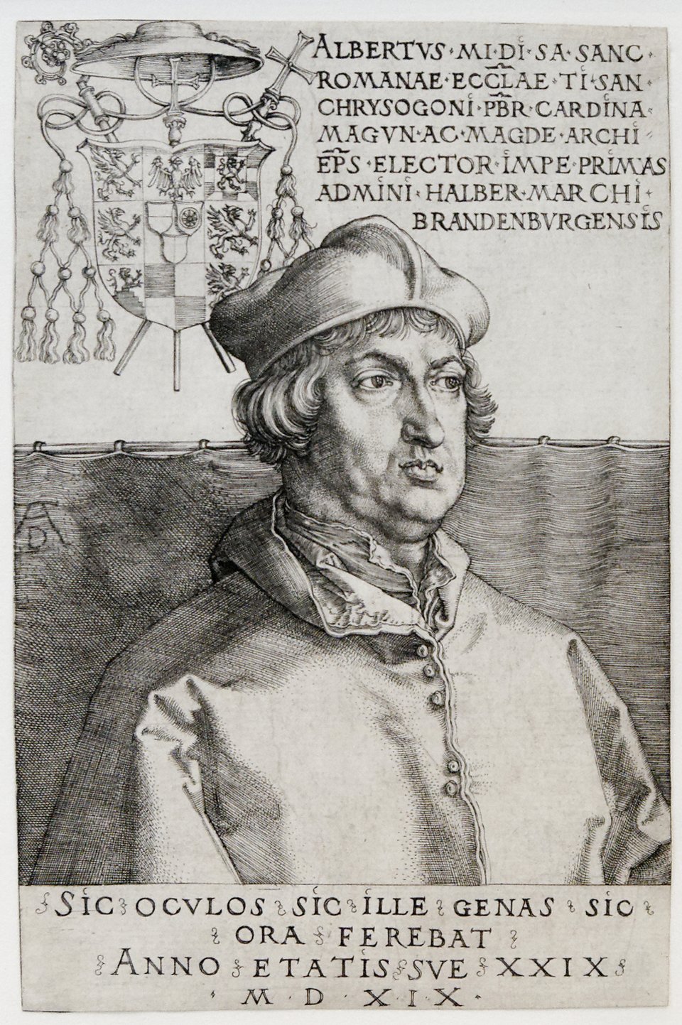Albrecht Hohenzollern – arcybiskup Magdeburga i Moguncji Źródło: Albrecht Dürer, Albrecht Hohenzollern – arcybiskup Magdeburga i Moguncji, 1519, rycina, Victoria and Albert Museum, domena publiczna.