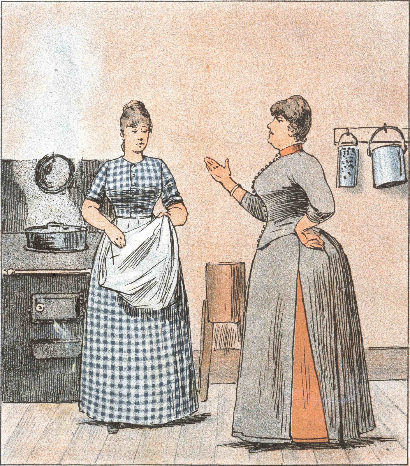Pani głośno krytykuje kucharkę Źródło: Pani głośno krytykuje kucharkę, 1890, domena publiczna.
