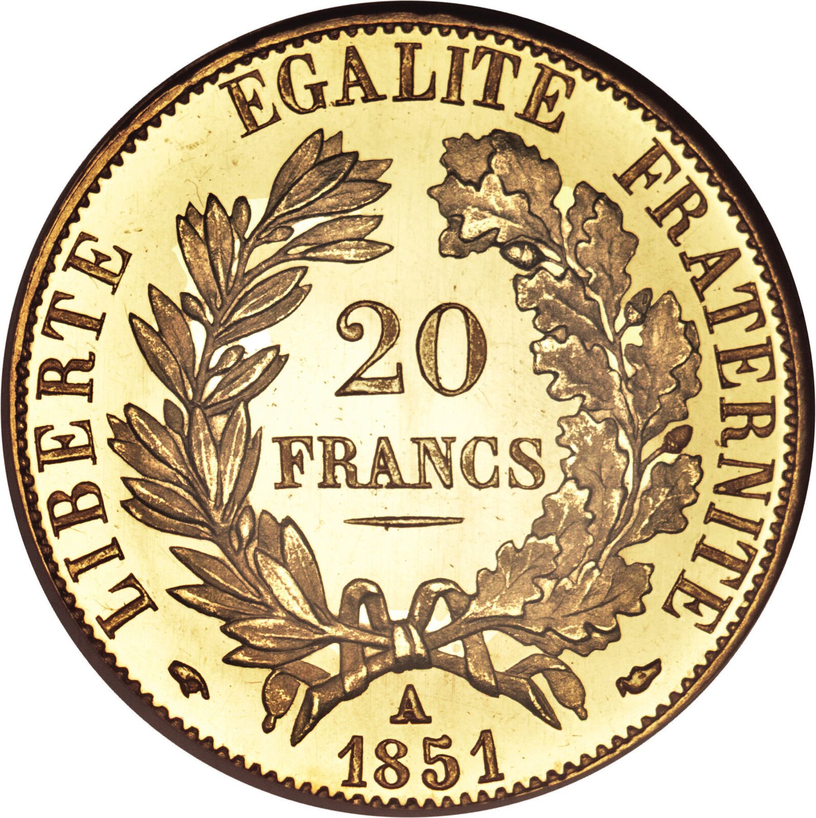 20 franków z napisem: „Wolność, równość, braterstwo” 20 franków z napisem: „Wolność, równość, braterstwo” Źródło: 1851, domena publiczna.