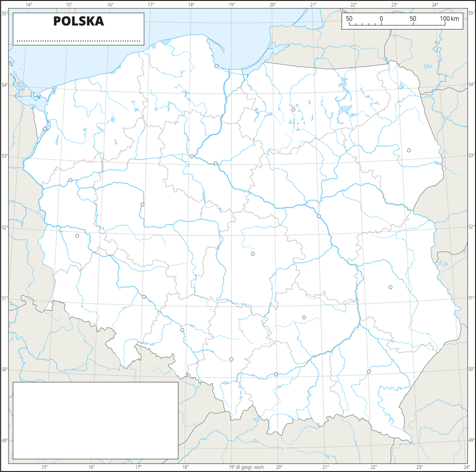 Ilustracja przedstawia konturową mapę Polski z podziałem na województwa. Na mapie przedstawiono hydrografię, granice województw, sygnatury miast wojewódzkich.Dookoła mapy w białej ramce opisano współrzędne geograficzne co jeden stopień. W prawym, górnym rogu znajduje się podziałka liniowa.