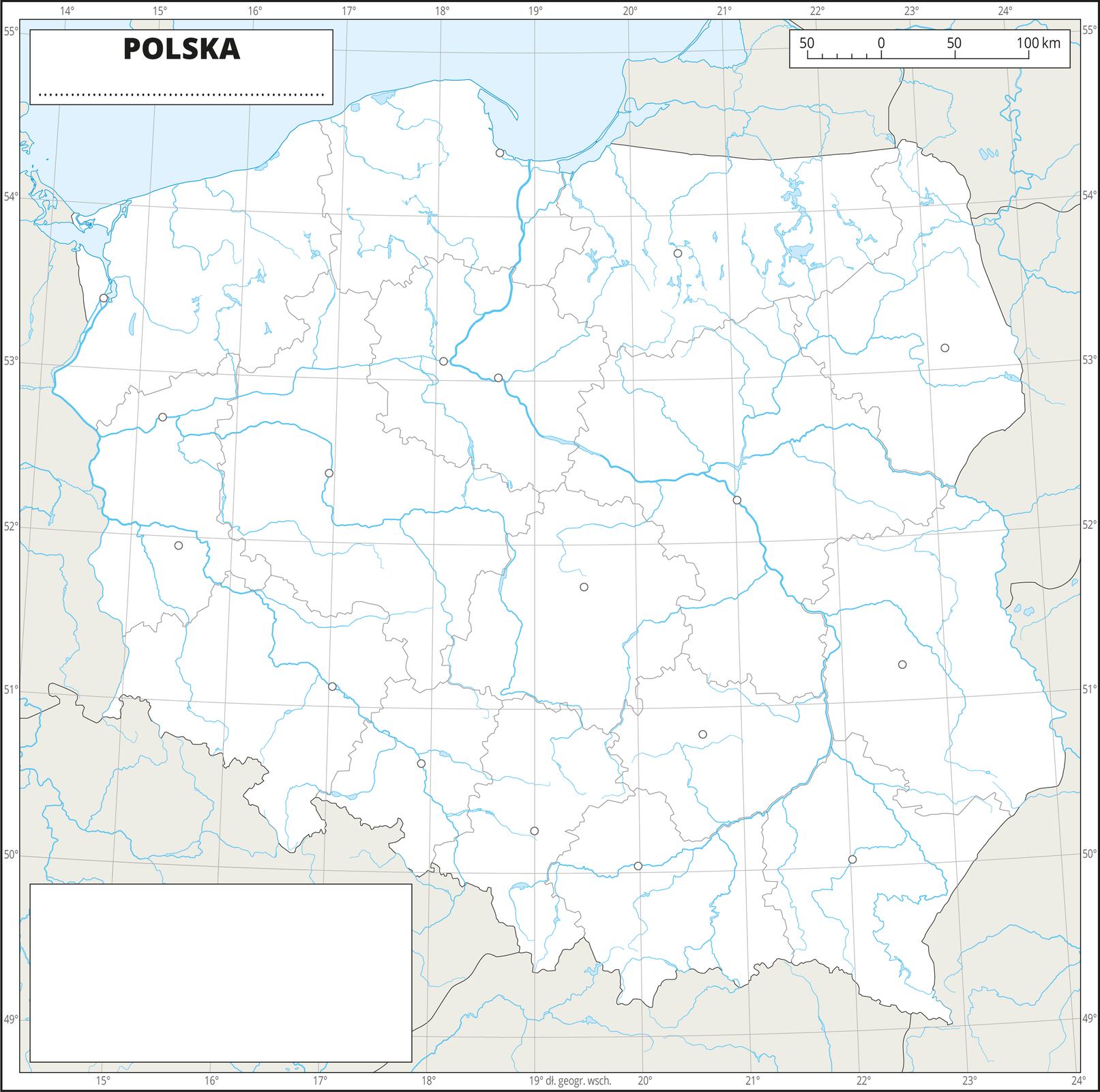 Ilustracja przedstawia konturową mapę Polski z podziałem na województwa. Na mapie przedstawiono hydrografię, granice województw, sygnatury miast wojewódzkich.Dookoła mapy w białej ramce opisano współrzędne geograficzne co jeden stopień. W prawym, górnym rogu znajduje się podziałka liniowa.