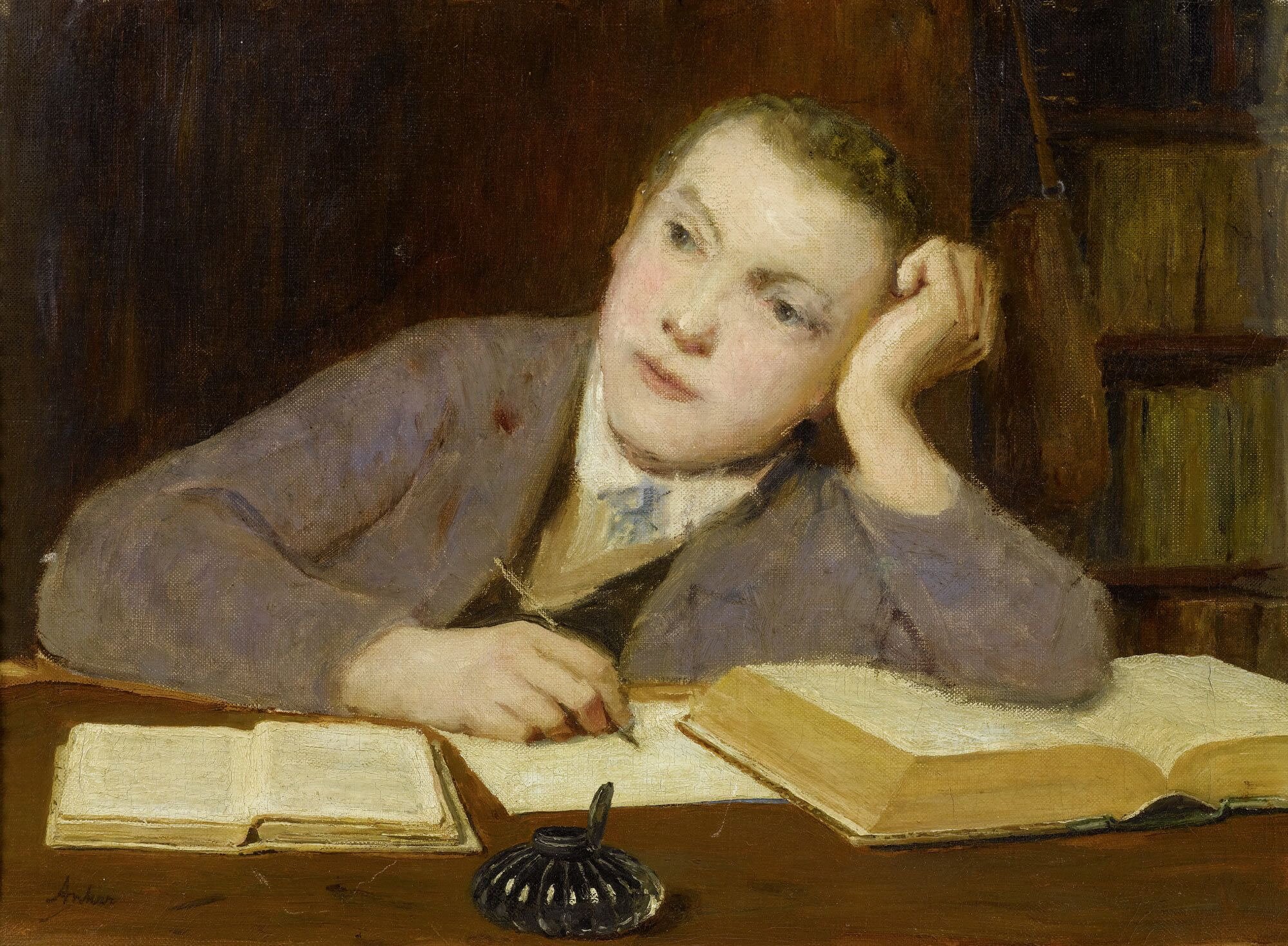 Piszący chłopiec Źródło: Albert Anker, Piszący chłopiec, ok. 1908, olej na płótnie, domena publiczna.
