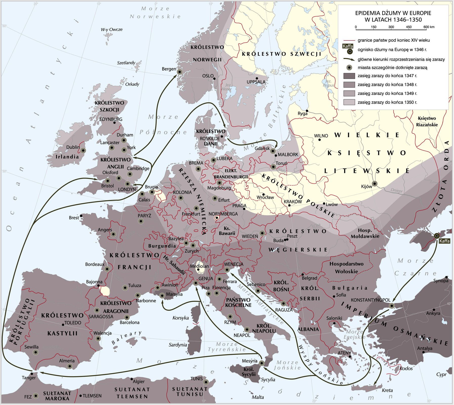 Epidemia dżumy w Europie w latach 1346-1350 Epidemia dżumy w Europie w latach 1346-1350 Źródło: Krystian Chariza i zespół, licencja: CC BY 3.0.