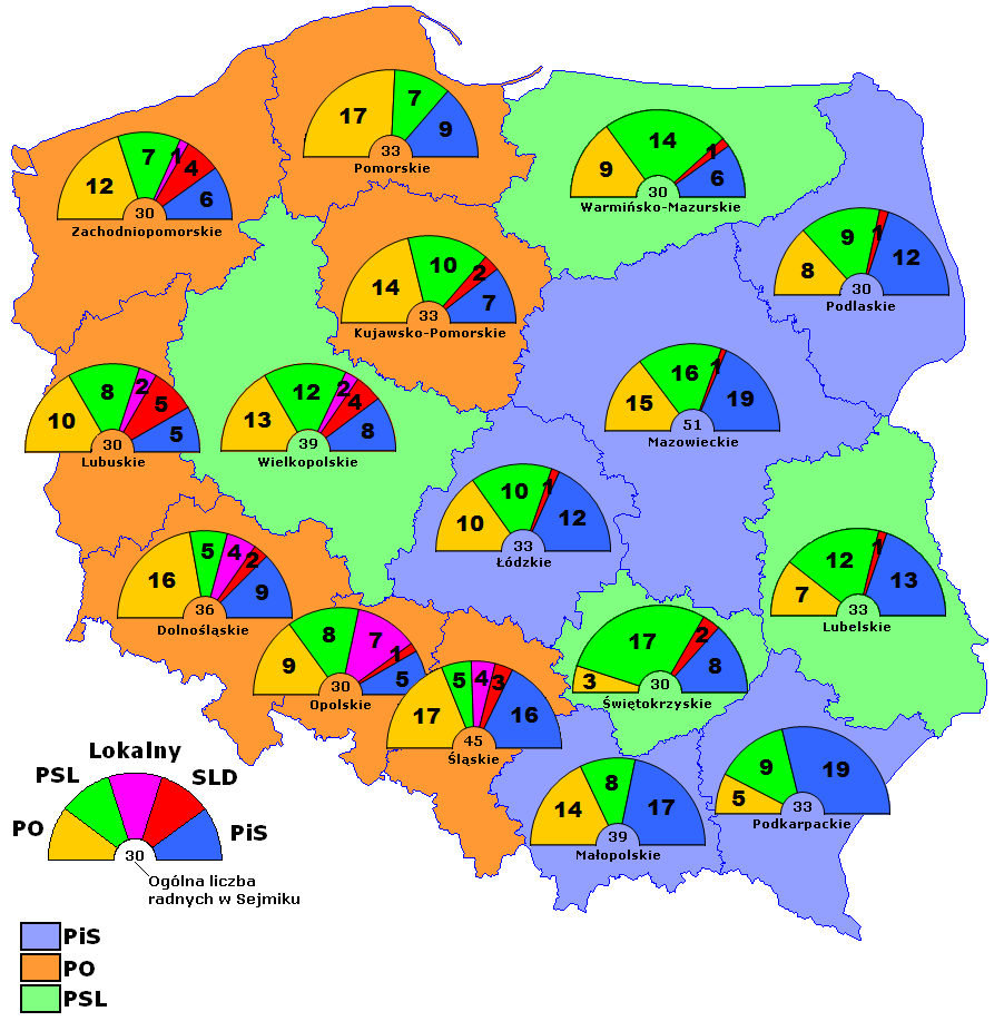 Wybory samorządowe w Polsce w 2014 roku - wyniki wyborów do Sejmików wojewódzkich - podział mandatów