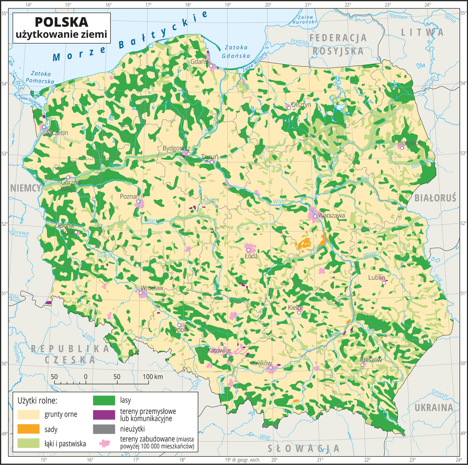 Ilustracja przedstawia mapę Polski. Na mapie za pomocą kolorów przedstawiono użytkowanie ziemi w Polsce. Oznaczono i opisano główne miasta. Granice województw oznaczono szarymi liniami. Opisano państwa sąsiadujące. Na mapie kolorem kremowym oznaczono grunty orne, zajmujące większą część Polski. Kolorem jasnozielonym oznaczono łąki i pastwiska. Występują one nierównomiernie na terenie całego kraju ale największe ich skupisko jest we wschodniej części Polski. Kolorem zielonym oznaczono występowanie lasów, które występują nierównomiernie na terenie całego kraju. Kolorem różowym oznaczono tereny zabudowane, które pokrywają się z położeniem miast. Kolorem pomarańczowym oznaczono sady, które skupione są w województwie mazowieckim. Dookoła mapy w białej ramce opisano współrzędne geograficzne co jeden stopień. W legendzie na dole mapy objaśniono kolory użyte na mapie.