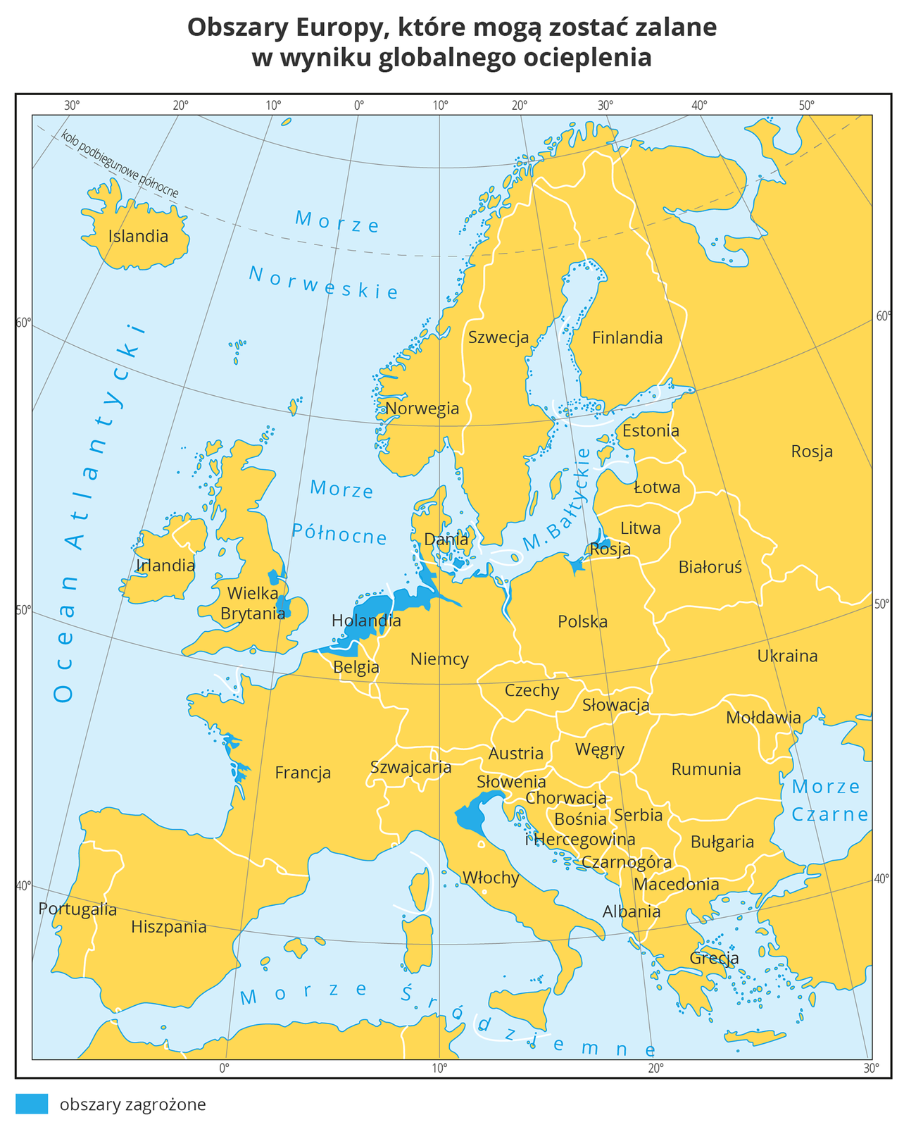 Mapa przedstawia kraje Europy w kolorze żółtym. Na północnych wybrzeżach Rosji, Polski, Niemiec, Holandii, zachodnich Wielkiej Brytanii, wschodnich Francji i południowych wybrzeżach Włoch i Słowenii na niebiesko zaznaczono obszary, które mogą zostać zalane w wyniku globalnego ocieplenia.