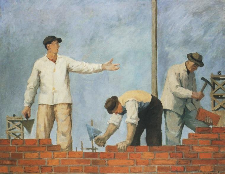 Podaj cegłę Źródło: Aleksander Kobzej, Podaj cegłę, 1950, Muzeum Narodowe we Wrocławiu, licencja: CC 0.