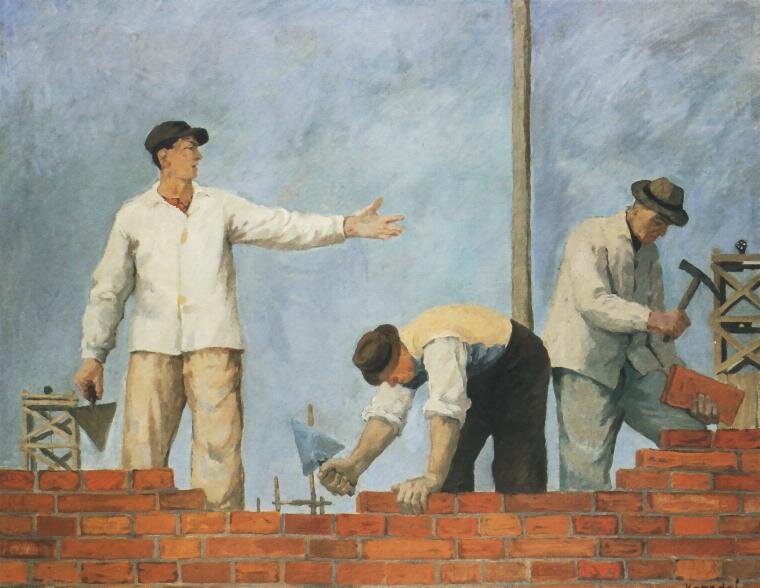 Podaj cegłę Źródło: Aleksander Kobzej, Podaj cegłę, 1950, Muzeum Narodowe we Wrocławiu, licencja: CC 0.