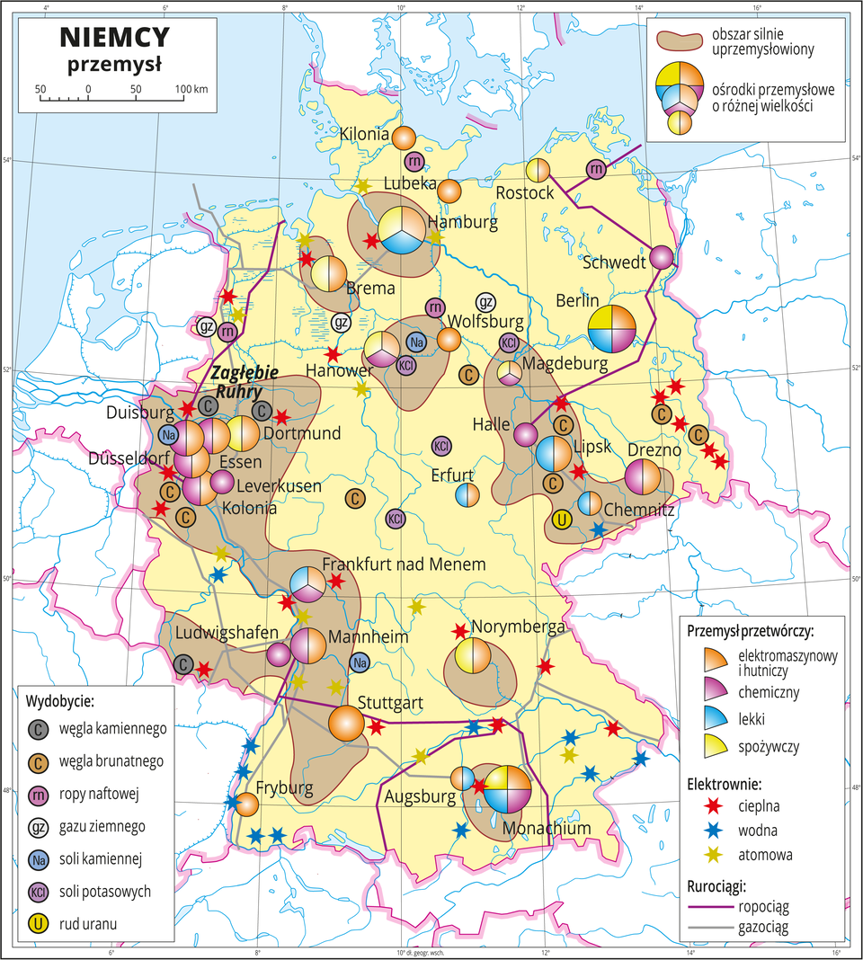 Ilustracja przedstawia mapę gospodarczą Niemiec. Sygnatury kołowe – ośrodki przemysłowe. Duże w Monachium, Hamburgu, Berlinie, kilkanaście średnich sygnatur (Norymberga, Drezno, Lipsk, Dortmund, Frankfurt nad Menem, Stuttgart) oraz kilkanaście mniejszych sygnatur. Przemysł elektromaszynowy i hutniczy oraz chemiczny w przewadze, lekki oraz spożywczy. Po kilkanaście elektrowni cieplnych i wodnych oznaczonych kolorowymi gwiazdkami, kilka elektrowni atomowych, ropociągi i gazociągi oznaczone liniami. Sygnatury oznaczające wydobycie węgla kamiennego, węgla brunatnego, ropy naftowej, gazu ziemnego, soli kamiennej, soli potasowych i rud uranu. Dodatkowo brązowymi plamami wyróżniono obszary silnie uprzemysłowione, obejmują one skupiska miast – dużych ośrodków przemysłu – największe na zachodzie – Zagłębie Ruhry. Mapa zawiera południki i równoleżniki, dookoła mapy w białej ramce opisano współrzędne geograficzne co dwa stopnie.