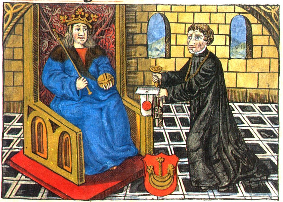Kanclerz Jan Łaski wręcza siedzącemu na tronie Aleksandrowi Jagiellończykowi statuty Królestwa Polskiego. Kanclerz Jan Łaski wręcza siedzącemu na tronie Aleksandrowi Jagiellończykowi statuty Królestwa Polskiego. Źródło: domena publiczna.