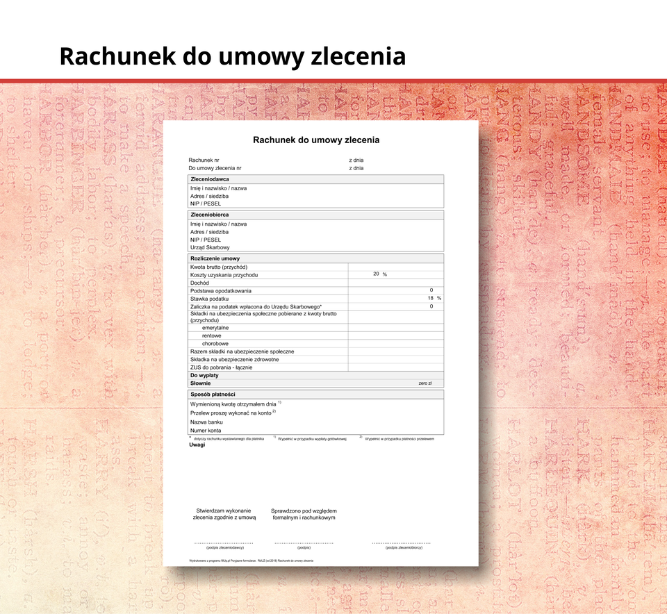 Ilustracja przedstawia rachunek do umowy zlecenia.